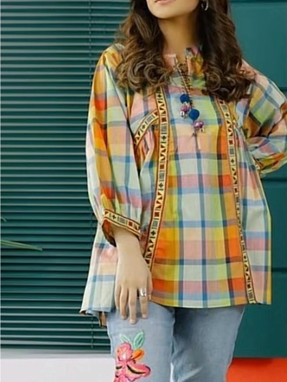 Ethnic Wear Multicolor Plaid Peasant Top with Tassels